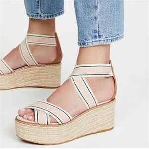 Tory Burch Cream and Tan Espadrille Wedges